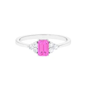 1 CT Emerald Cut Pink Sapphire Solitaire Engagement Ring with Diamond Trio