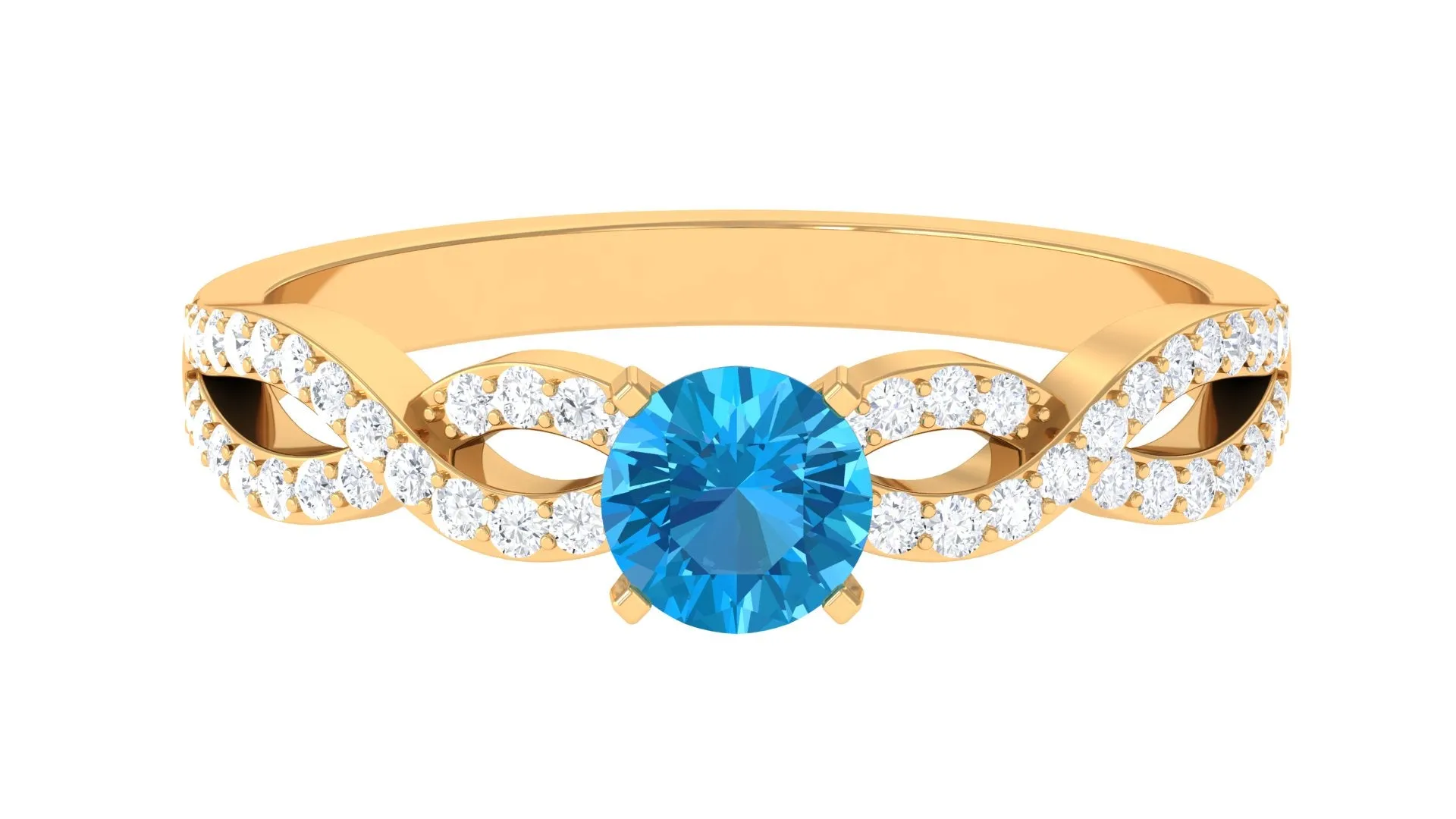 1 CT Round Shape Swiss Blue Topaz and Diamond Criss Cross Ring