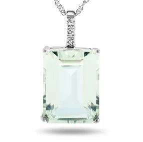 10k White Gold Large Green Amethyst and Diamond Gemstone Pendant Necklace