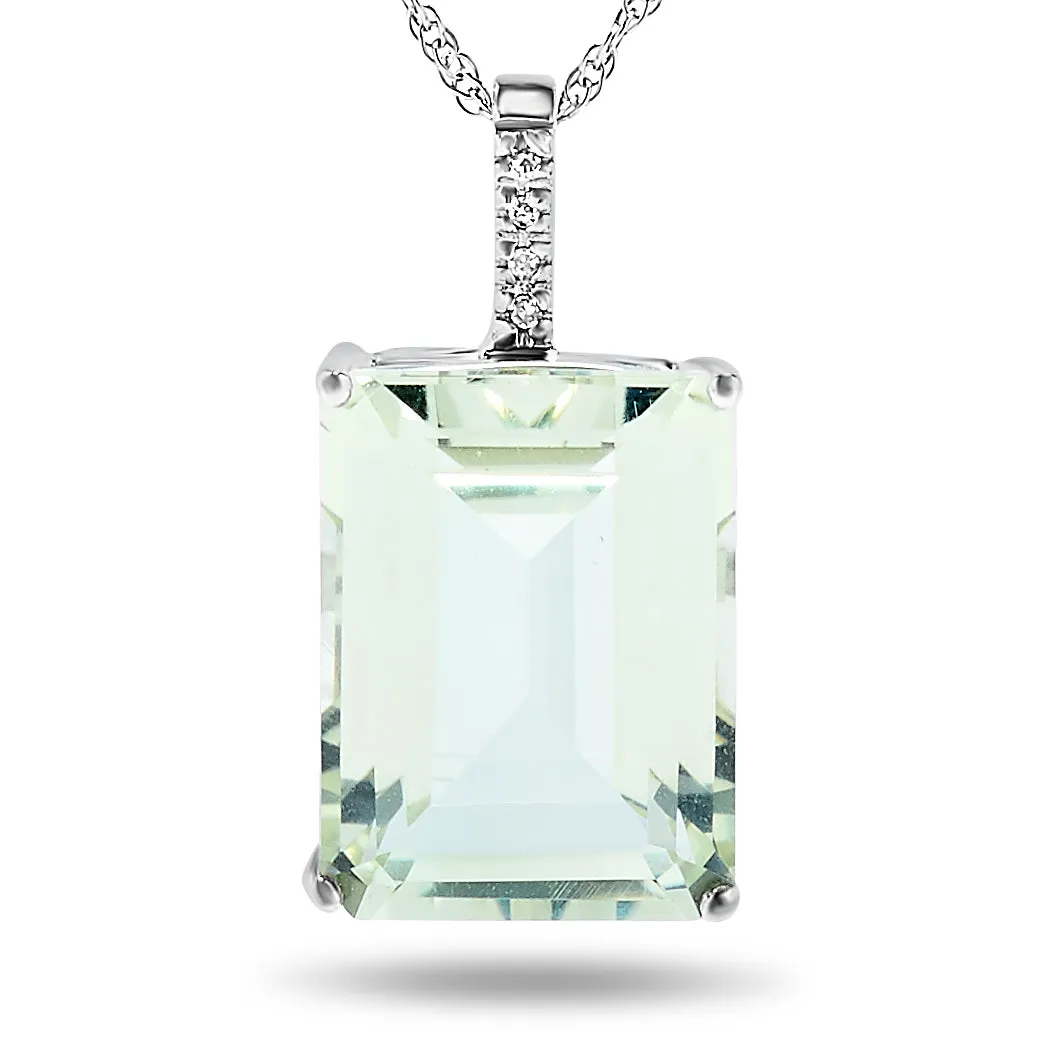 10k White Gold Large Green Amethyst and Diamond Gemstone Pendant Necklace