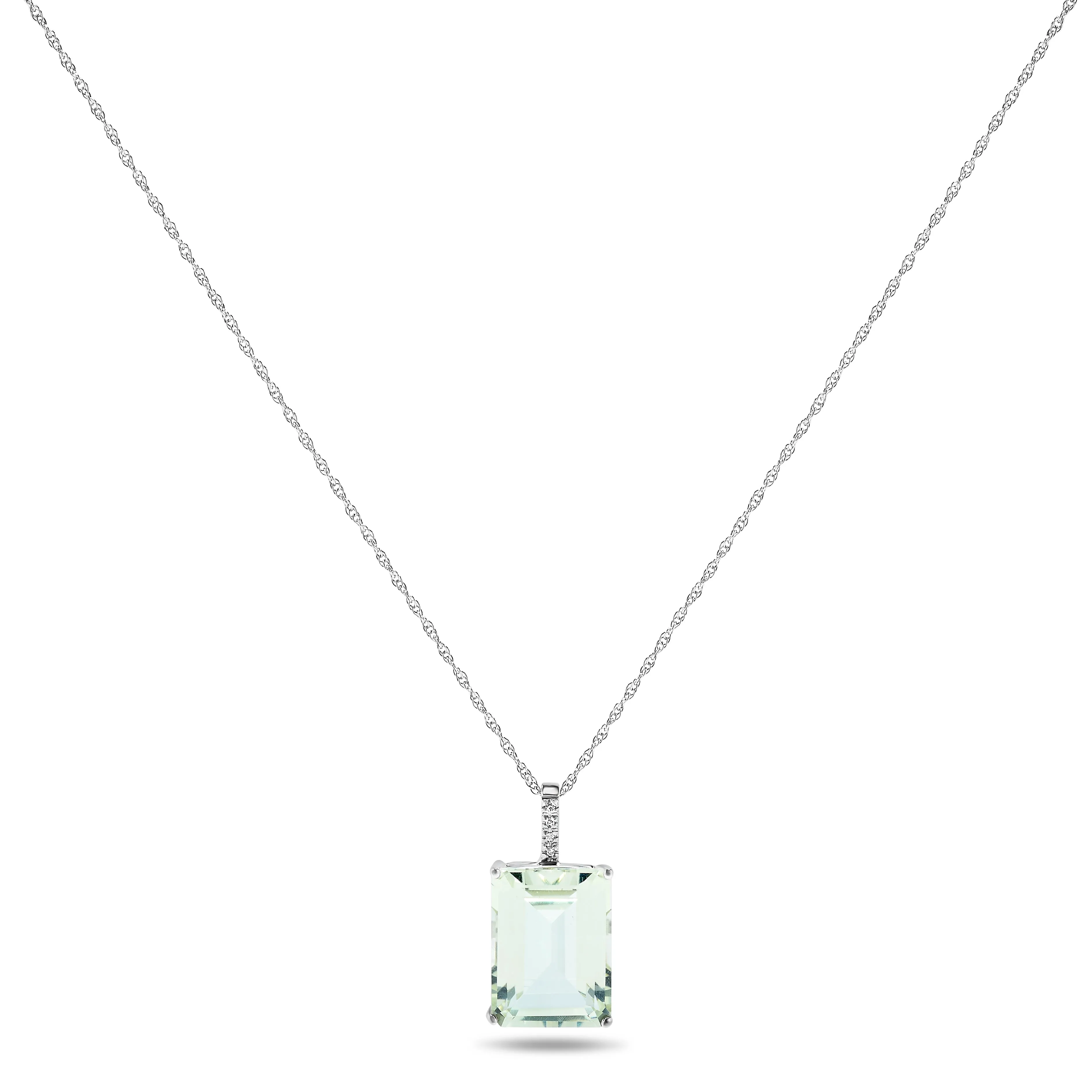 10k White Gold Large Green Amethyst and Diamond Gemstone Pendant Necklace