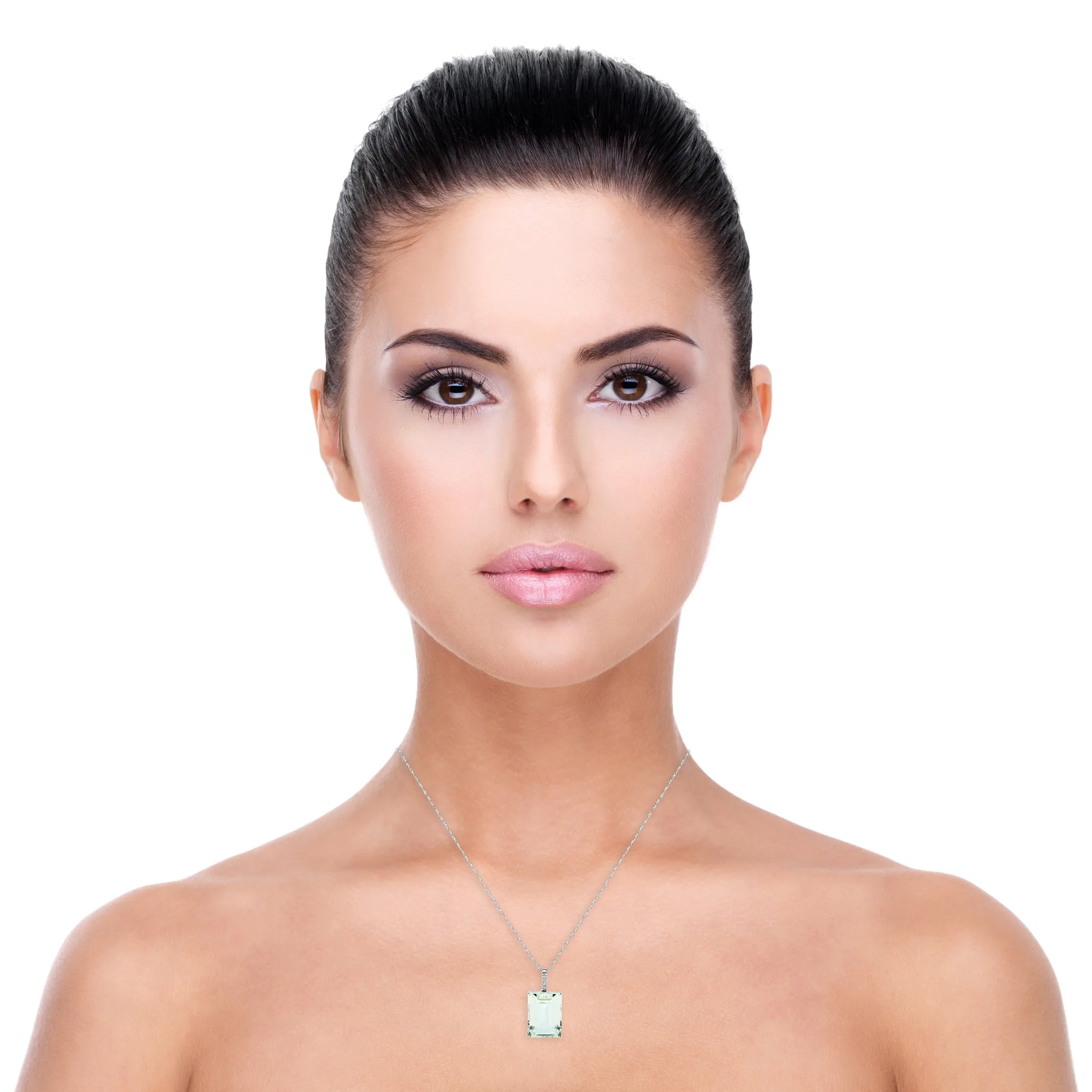 10k White Gold Large Green Amethyst and Diamond Gemstone Pendant Necklace