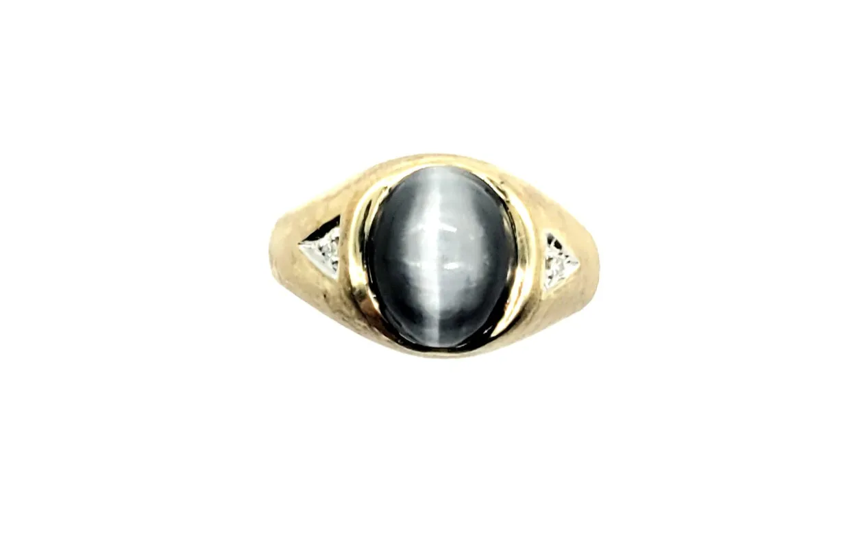 10k Yellow Gold Gray Cats Eye with DCPs Bezel Ring