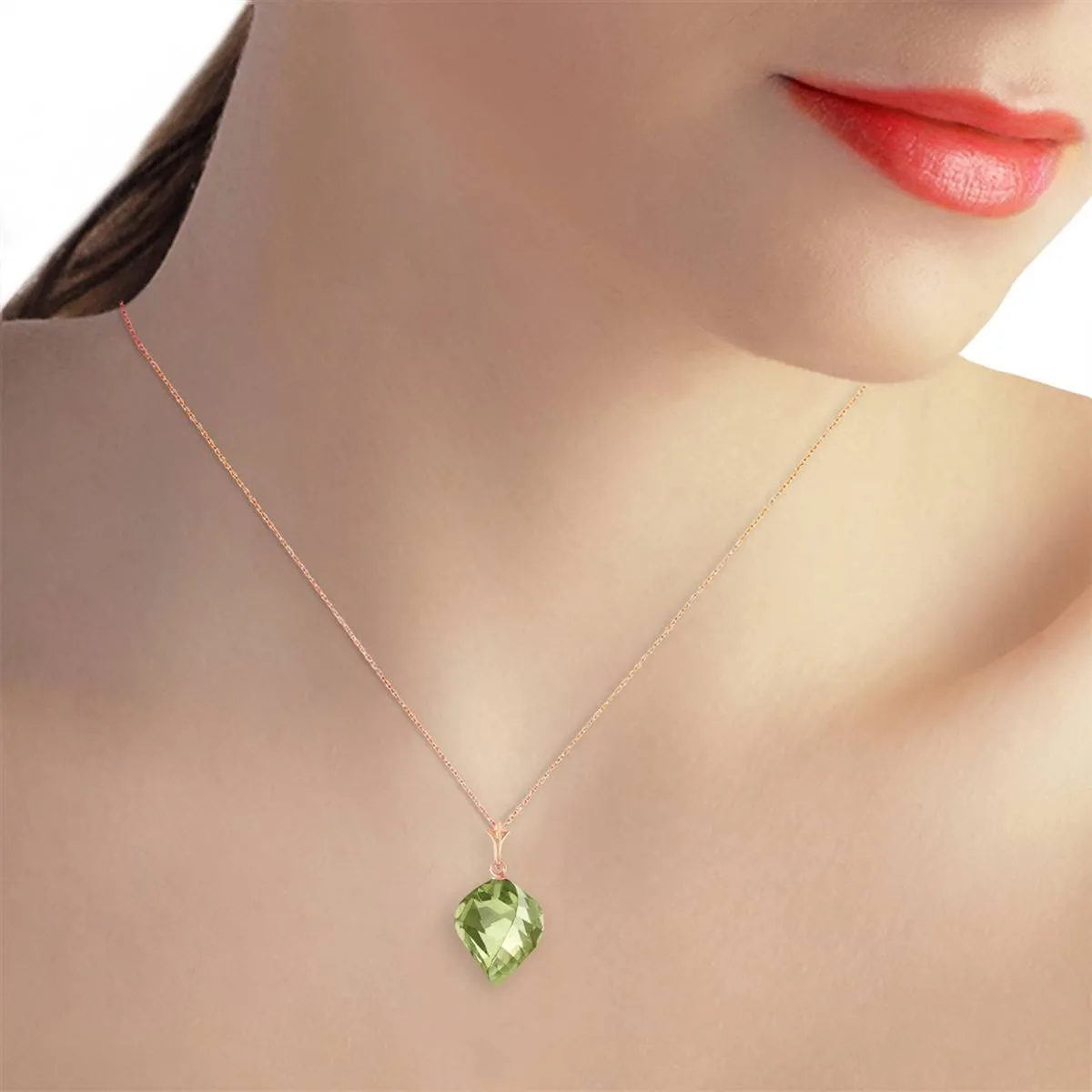 13 Carat 14K Solid Rose Gold Necklace Twisted Briolette Green Amethyst