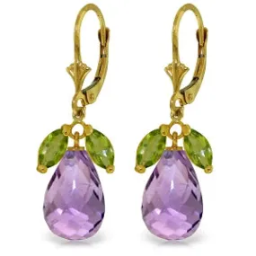 14.4 Carat 14K Solid Yellow Gold Leverback Earrings Peridot Amethyst