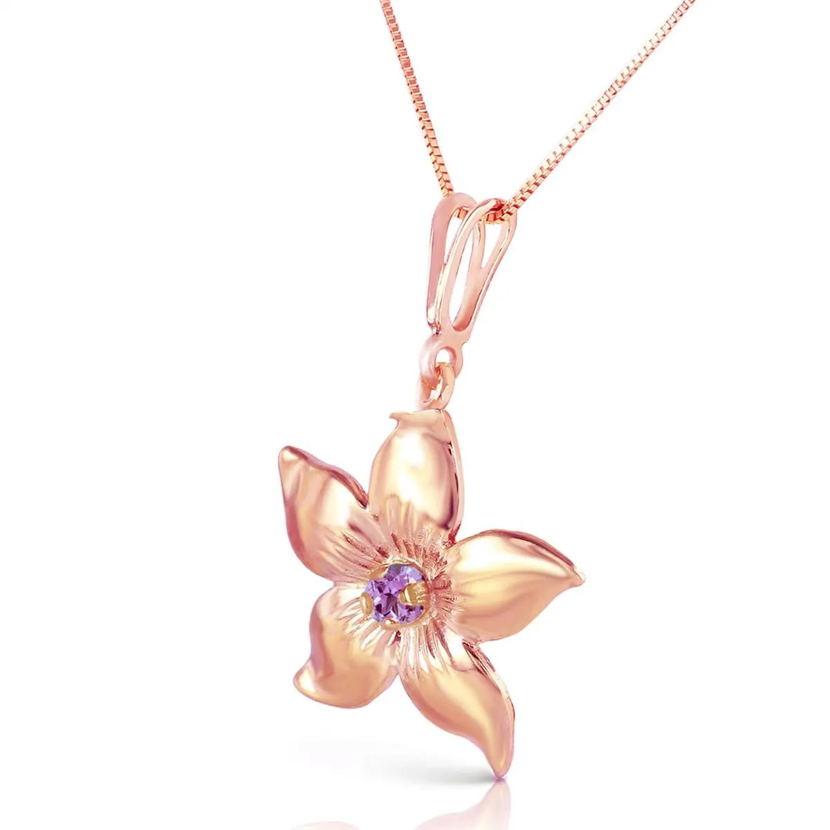 14K Solid Rose Gold Flower Necklace w/ Natural Purple Amethyst