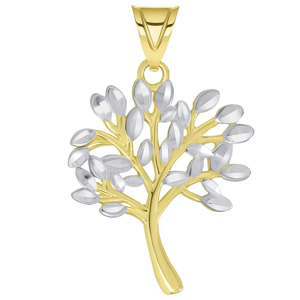 14k Solid Yellow Gold Textured Two Tone Tree of Life Pendant Necklace Available with Rolo, Curb, or Figaro Chain