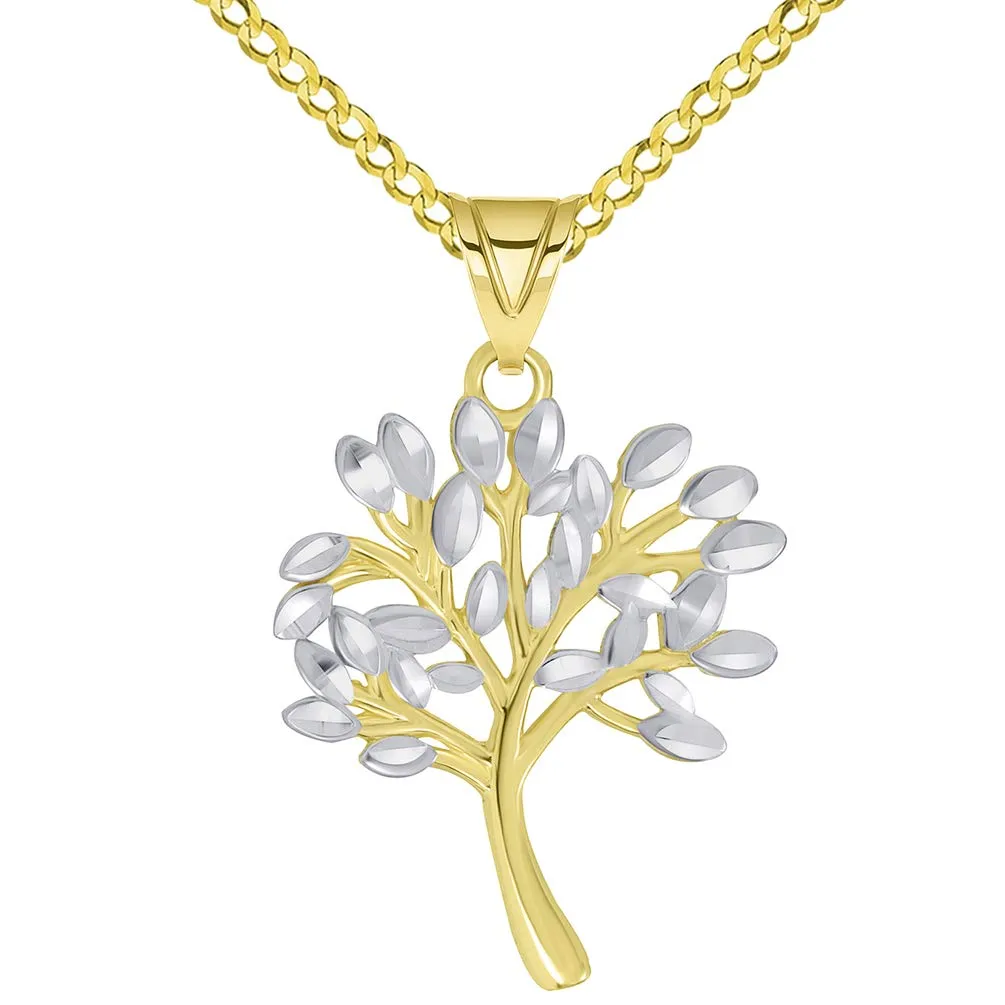 14k Solid Yellow Gold Textured Two Tone Tree of Life Pendant Necklace Available with Rolo, Curb, or Figaro Chain