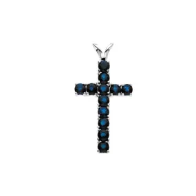 14K White Natural Blue Sapphire Cross Pendant