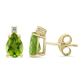 14K Yellow Gold 6X4Mm Pear Peridot And Diamond Earrings