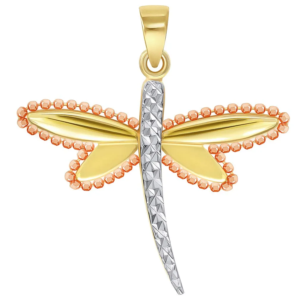 14k Yellow Gold and Rose Gold Beaded Dragonfly Tri-Tone Pendant Necklace