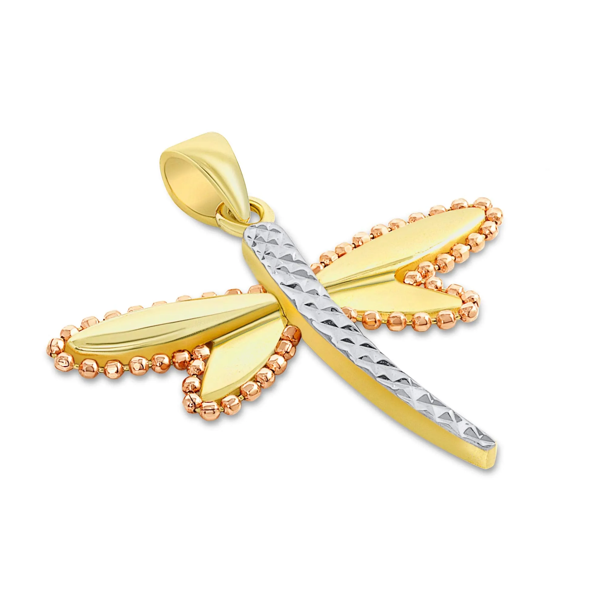 14k Yellow Gold and Rose Gold Beaded Dragonfly Tri-Tone Pendant Necklace