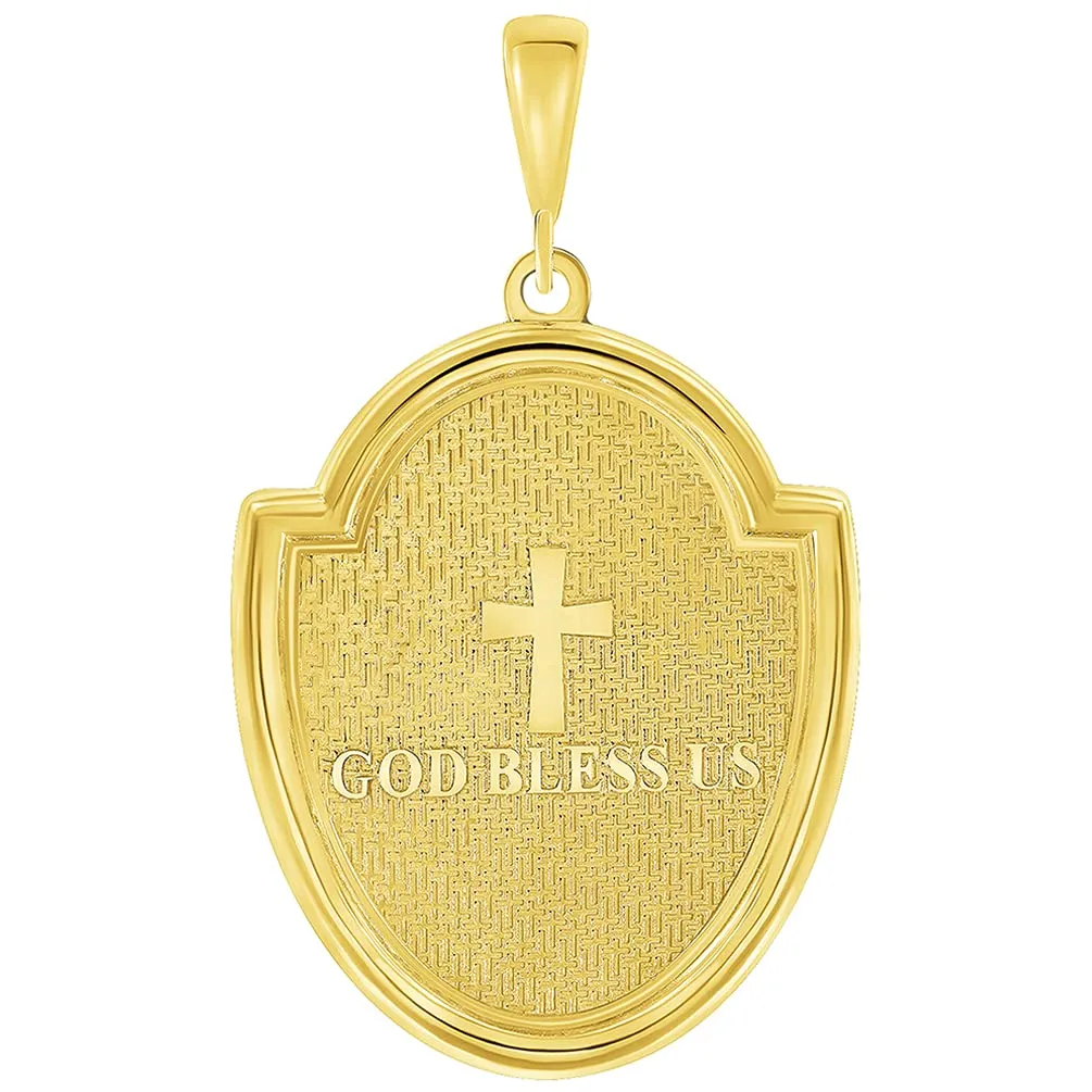 14k Yellow Gold Crown of Thorns Jesus Christ Medallion Scripted God Bless Us Pendant Necklace