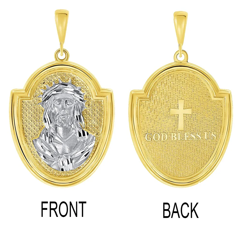 14k Yellow Gold Crown of Thorns Jesus Christ Medallion Scripted God Bless Us Pendant Necklace