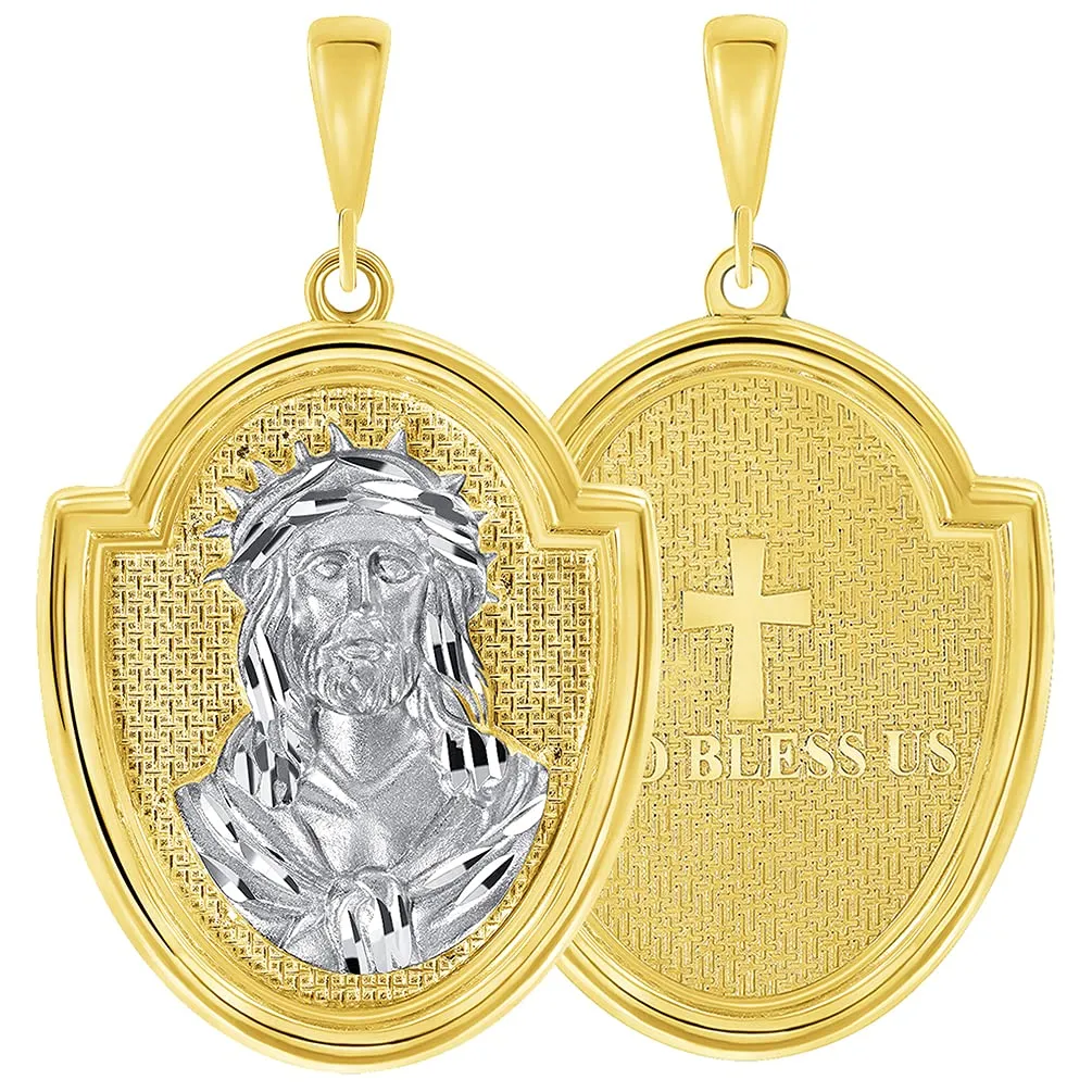 14k Yellow Gold Crown of Thorns Jesus Christ Medallion Scripted God Bless Us Pendant Necklace