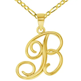 14k Yellow Gold Elegant Script Letter B Cursive Initial Pendant with Figaro Chain Necklace