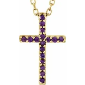 14K Yellow Natural Amethyst Petite Cross 16" Necklace