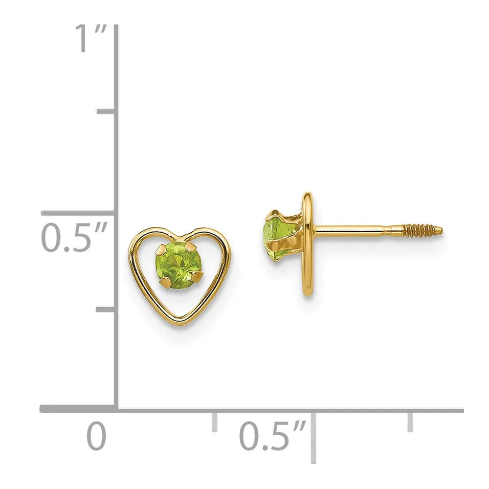 14KT Yellow Gold 3MM Round Peridot 6MM Heart Childrens Birthstone Stud Earrings