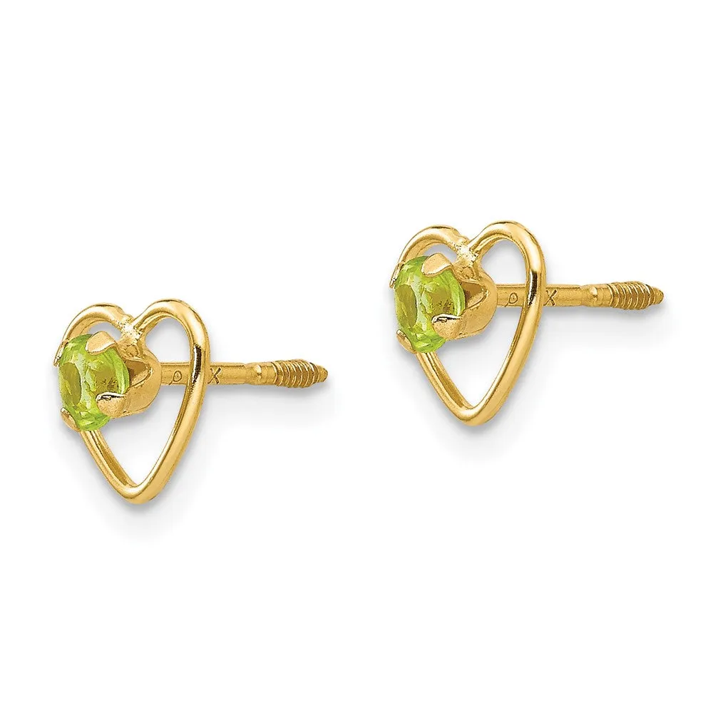 14KT Yellow Gold 3MM Round Peridot 6MM Heart Childrens Birthstone Stud Earrings