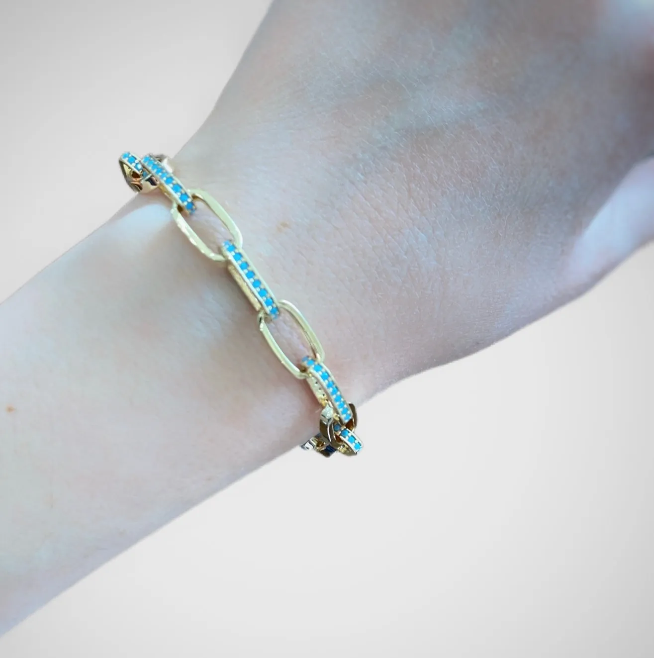 14kt Yellow Gold Turquoise Paperclip Bracelet - 7"