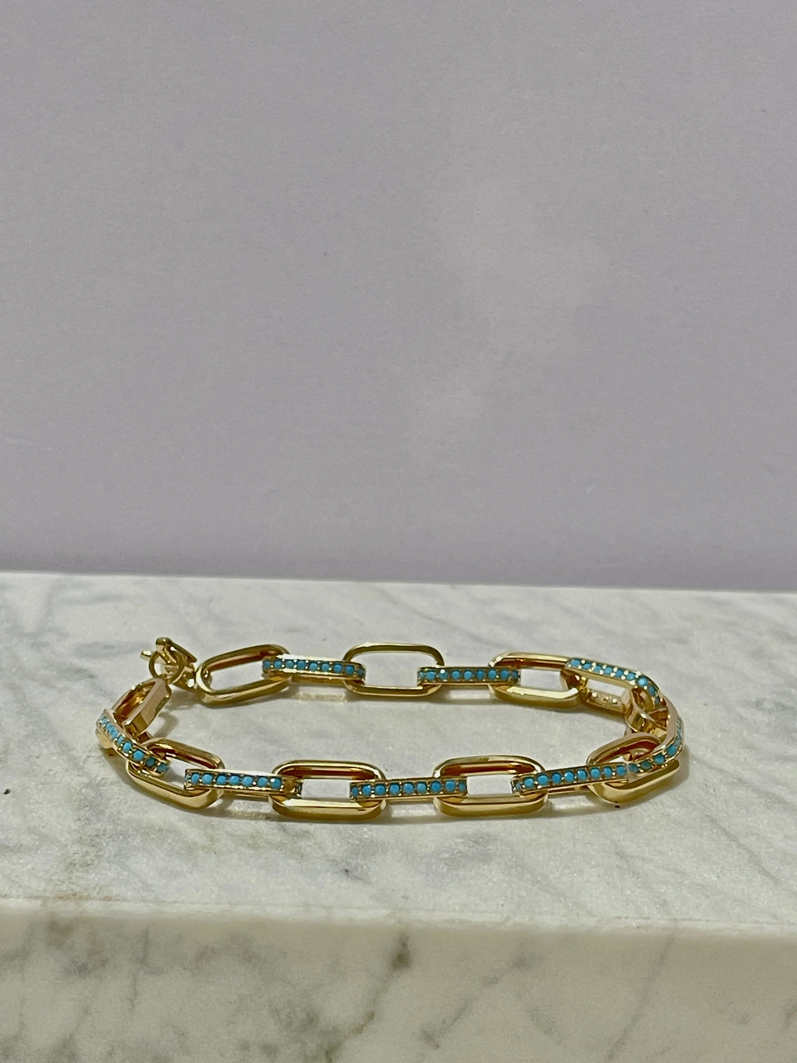 14kt Yellow Gold Turquoise Paperclip Bracelet - 7"