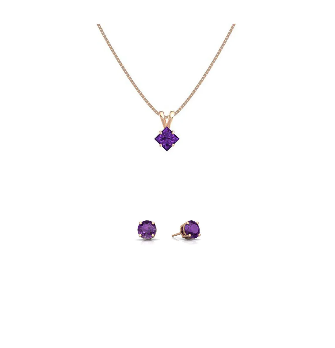 18K Rose Gold 1/2ct Amethyst Square 18 Inch Necklace and Round Earrings Set Plated