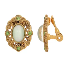 1928 Jewelry Light Green Cat's Eye & Peridot Green Crystal Filigree Clip On Earrings