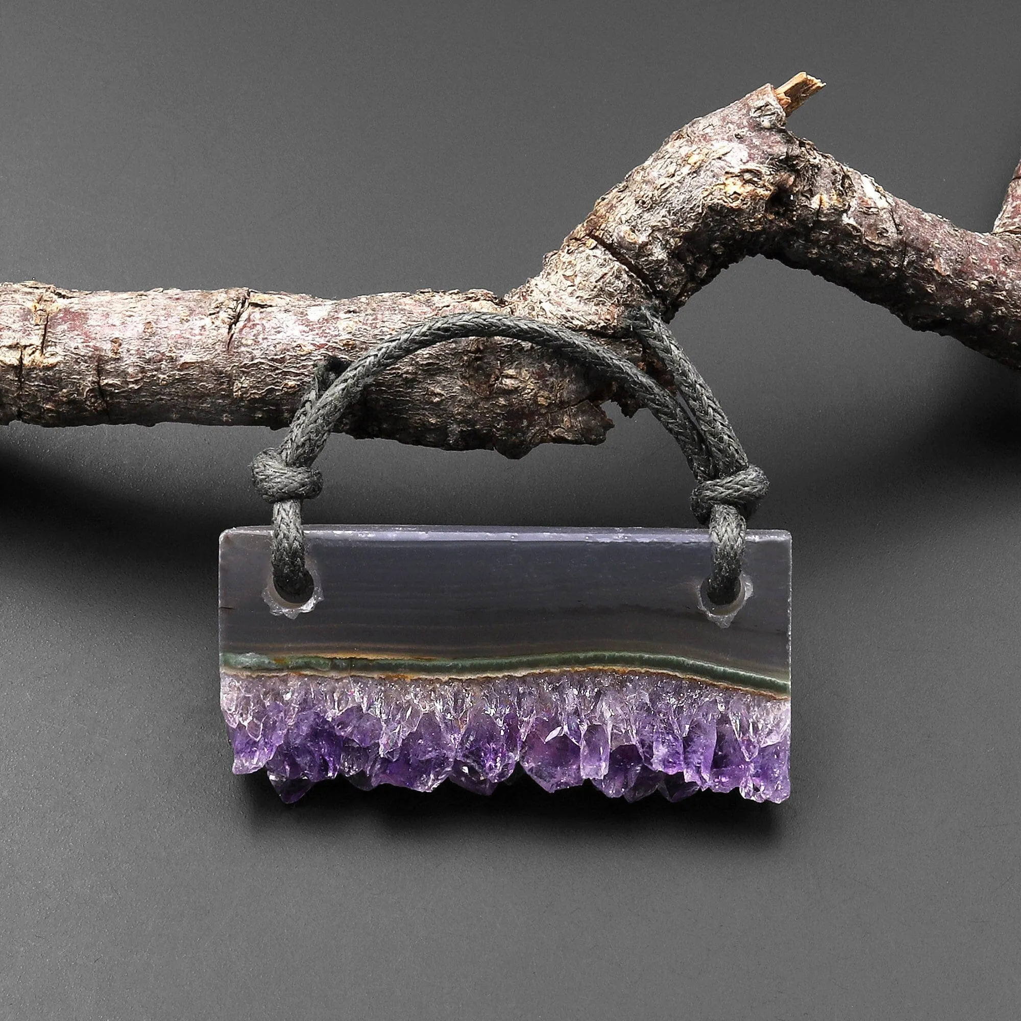 2 Hole Pendant Natural Smoky Quartz Purple Amethyst Stalactite Druzy Pendant Drilled Flat Slice Rectangle A1