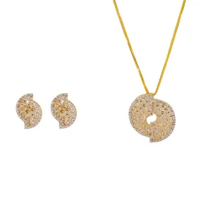 22K Multi Tone Gold Pendant Necklace & Earrings Set W/ Cubic Zirconia & Split Disc Pendant