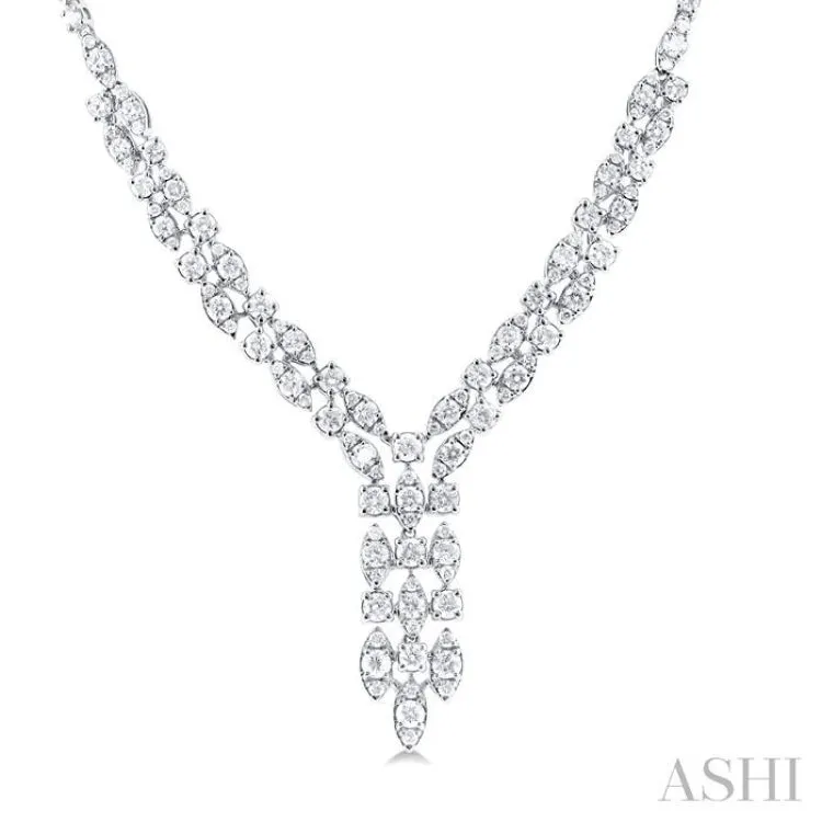 3 1/6 ctw Triple Row Drop Round Cut Diamond Necklace in 14K White Gold