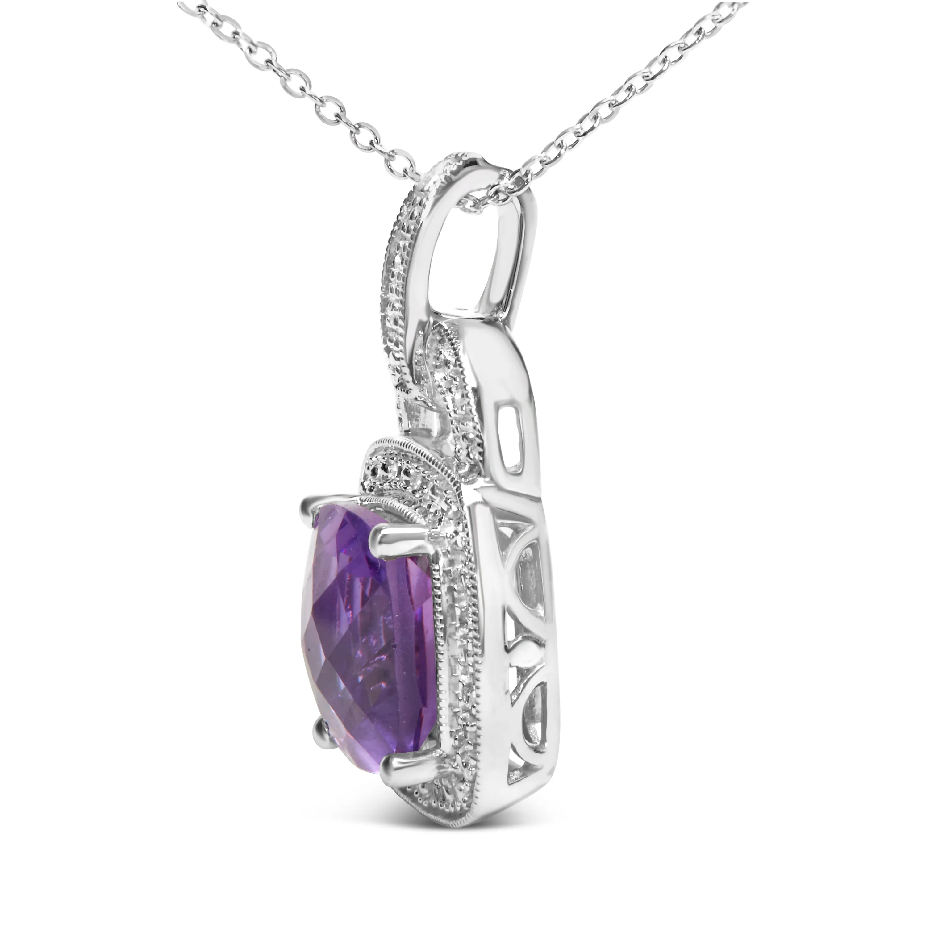 .925 Sterling Silver 10X10 MM Cushion Purple Amethyst and Diamond Accent Halo 18" Pendant Necklace