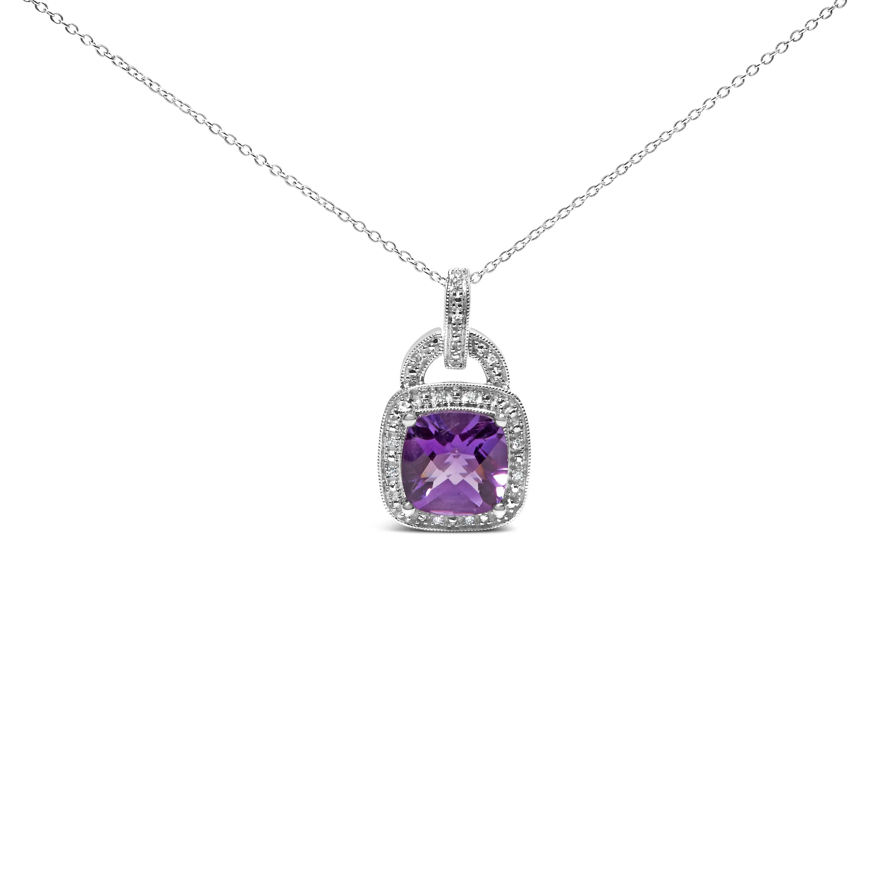 .925 Sterling Silver 10X10 MM Cushion Purple Amethyst and Diamond Accent Halo 18" Pendant Necklace