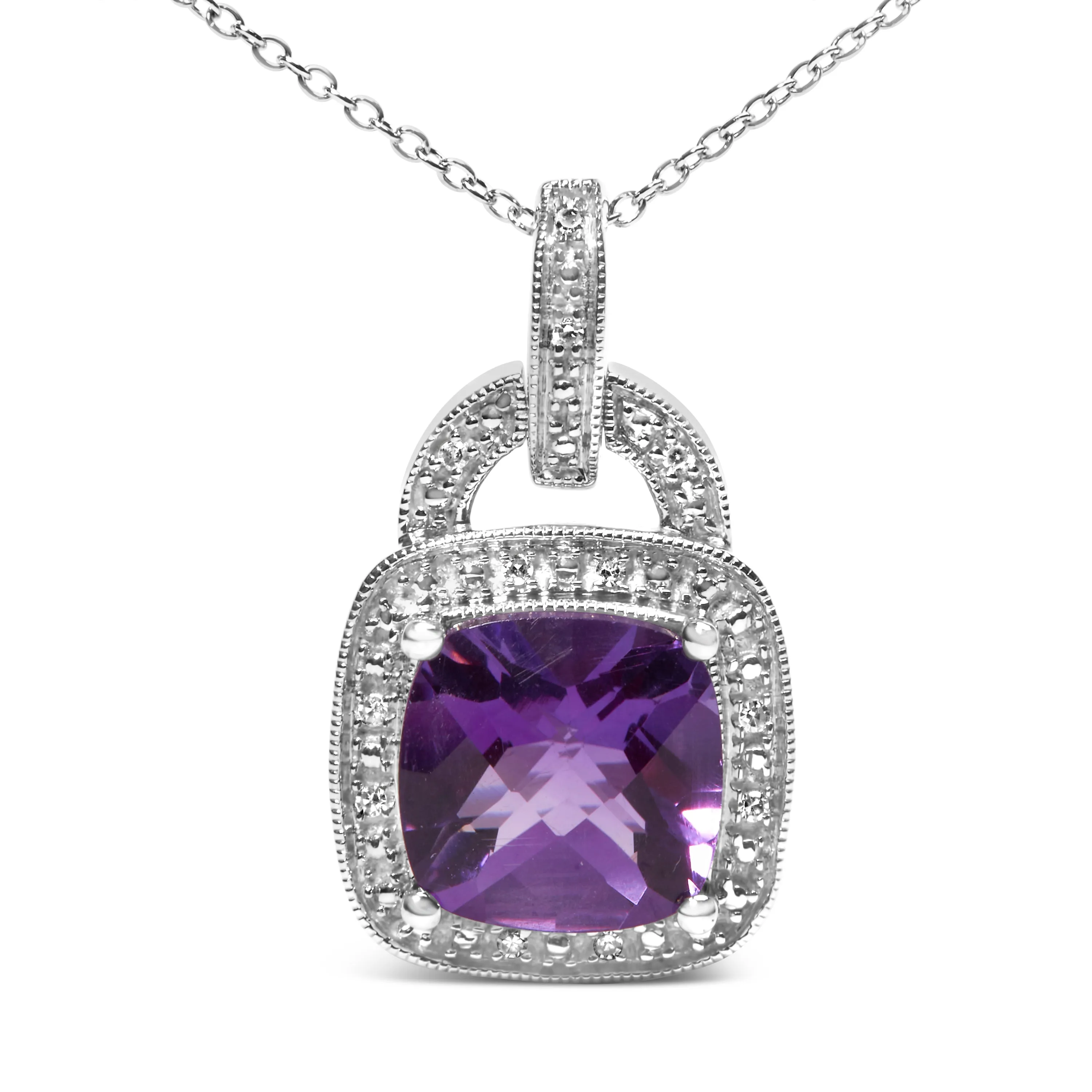 .925 Sterling Silver 10X10 MM Cushion Purple Amethyst and Diamond Accent Halo 18" Pendant Necklace