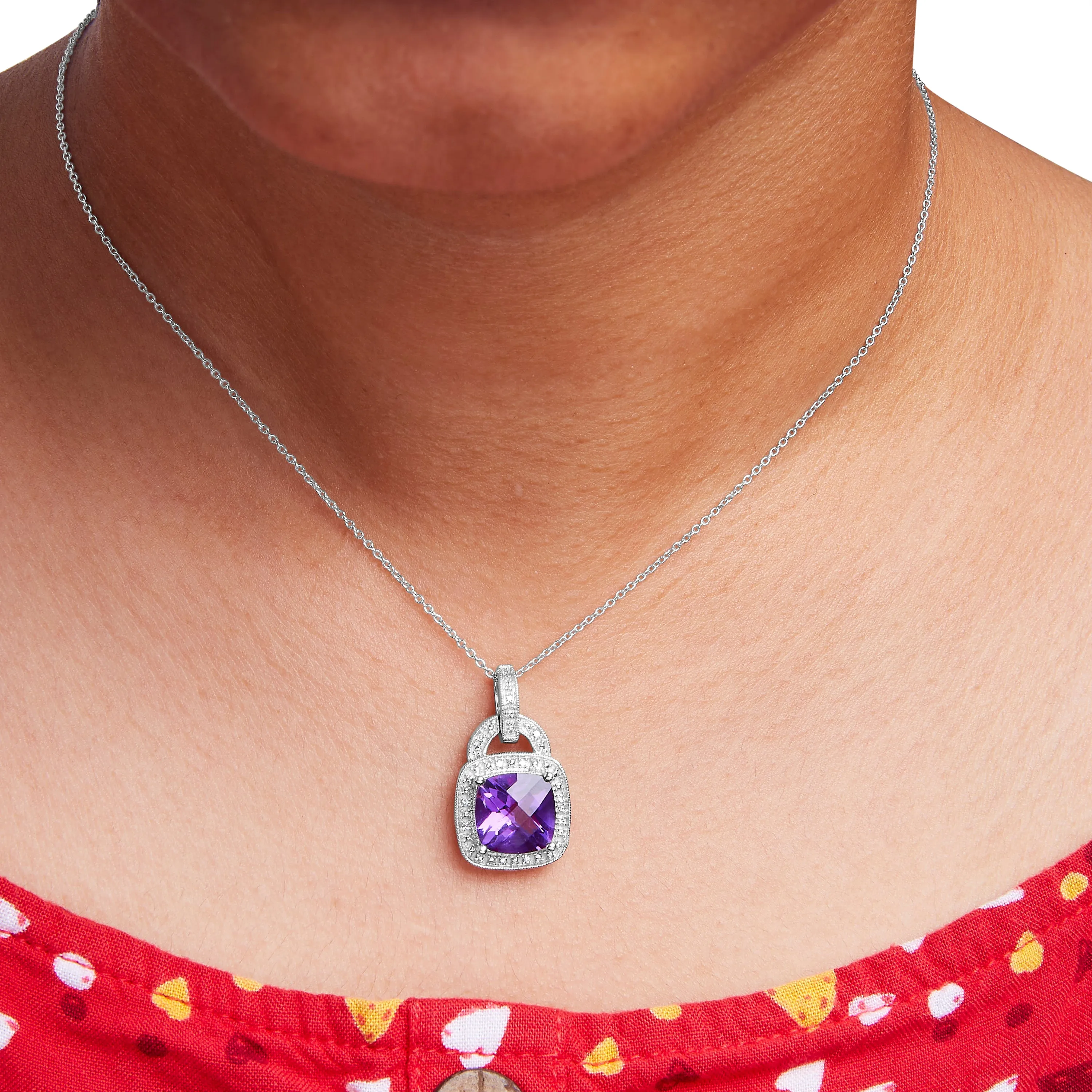 .925 Sterling Silver 10X10 MM Cushion Purple Amethyst and Diamond Accent Halo 18" Pendant Necklace