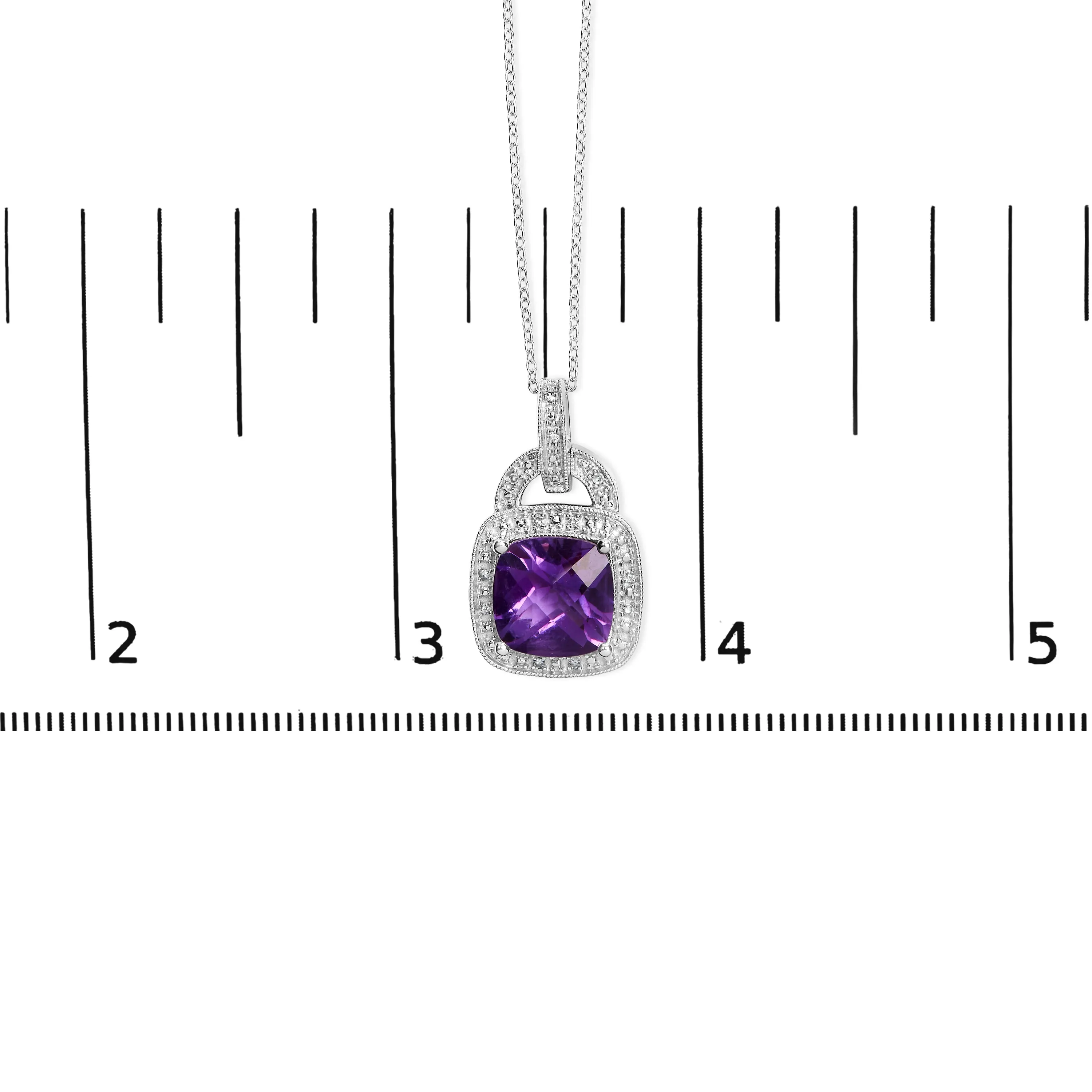 .925 Sterling Silver 10X10 MM Cushion Purple Amethyst and Diamond Accent Halo 18" Pendant Necklace