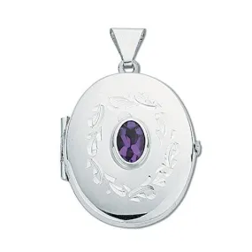 925 Sterling Silver Amethyst Set Oval Shaped Locket Pendant Necklace