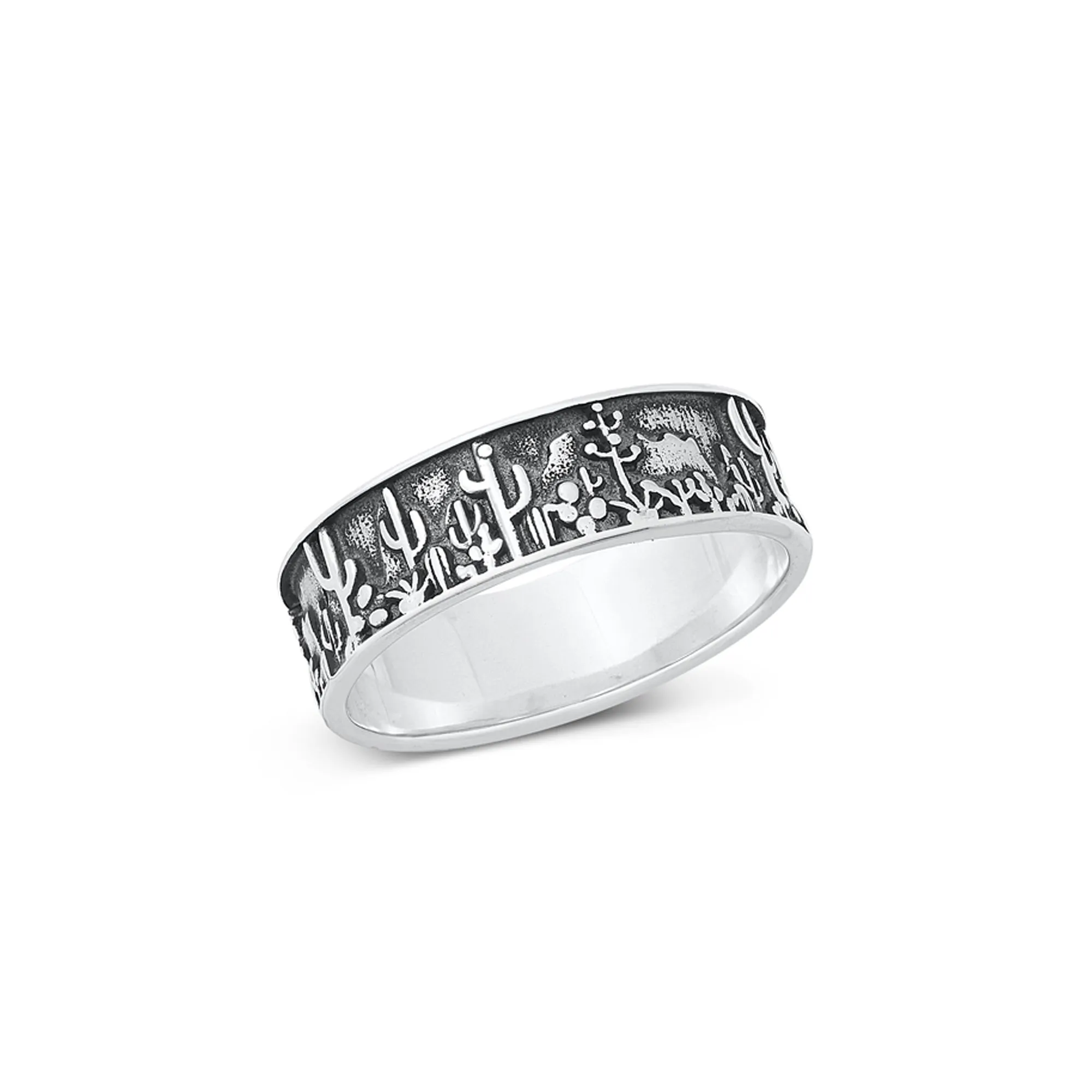 925 Sterling Silver Desert Scene Ring For Men & Women. 7mm Wide, Wearable Art of Desert Cactus, Plants, And Flowers Band For Pinky, Statement, Middle, Index or Thumb Ring.