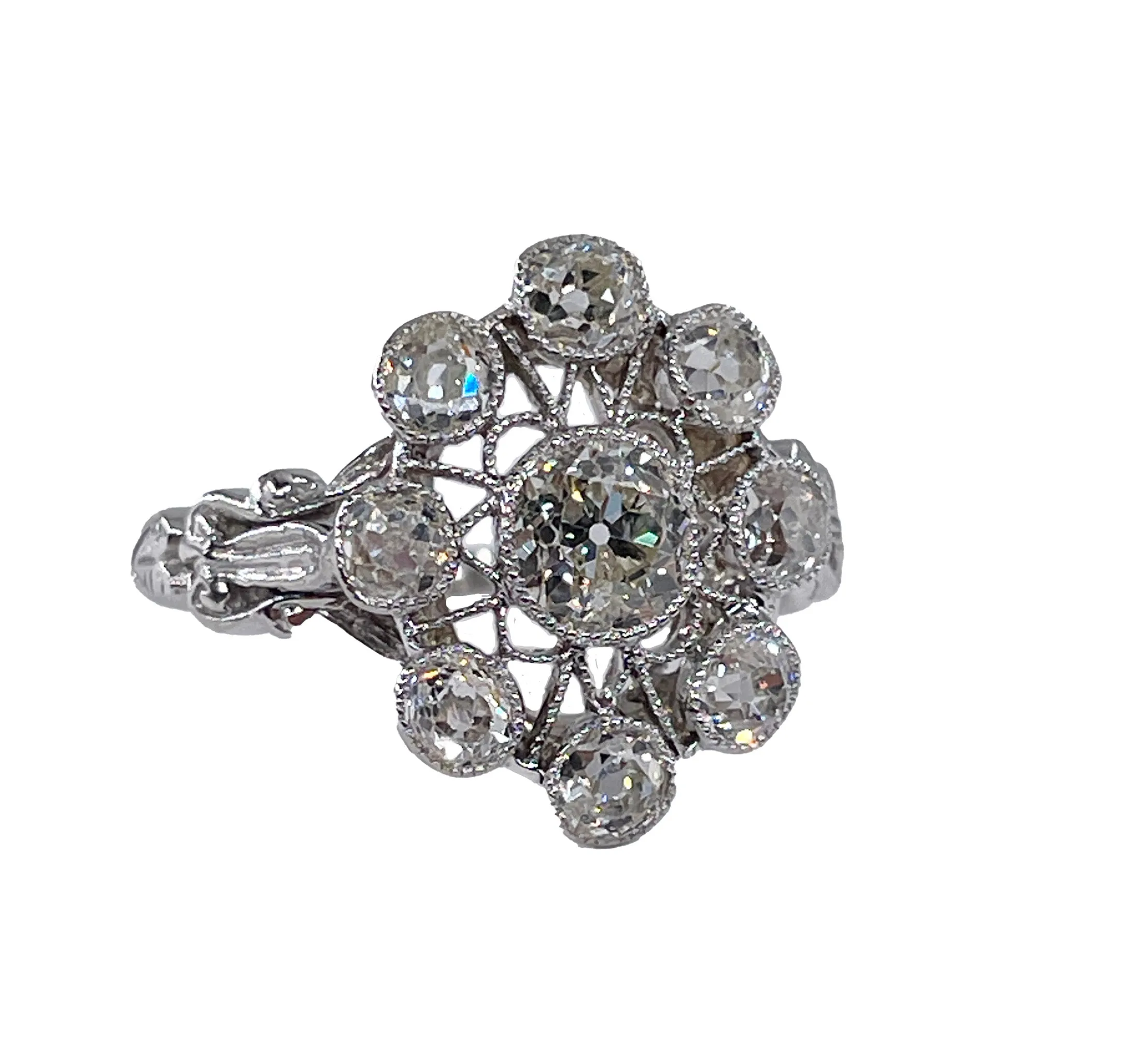 Art Deco 1.65ctw Antique Old European Diamond Cocktail Cluster Platinum Ring, EGL USA