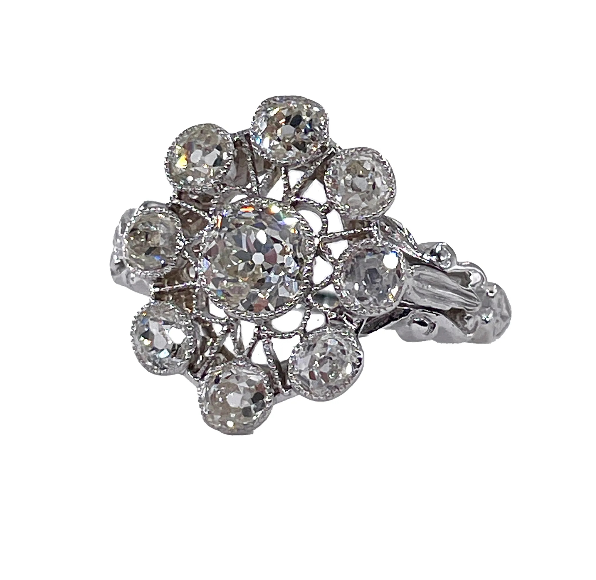 Art Deco 1.65ctw Antique Old European Diamond Cocktail Cluster Platinum Ring, EGL USA