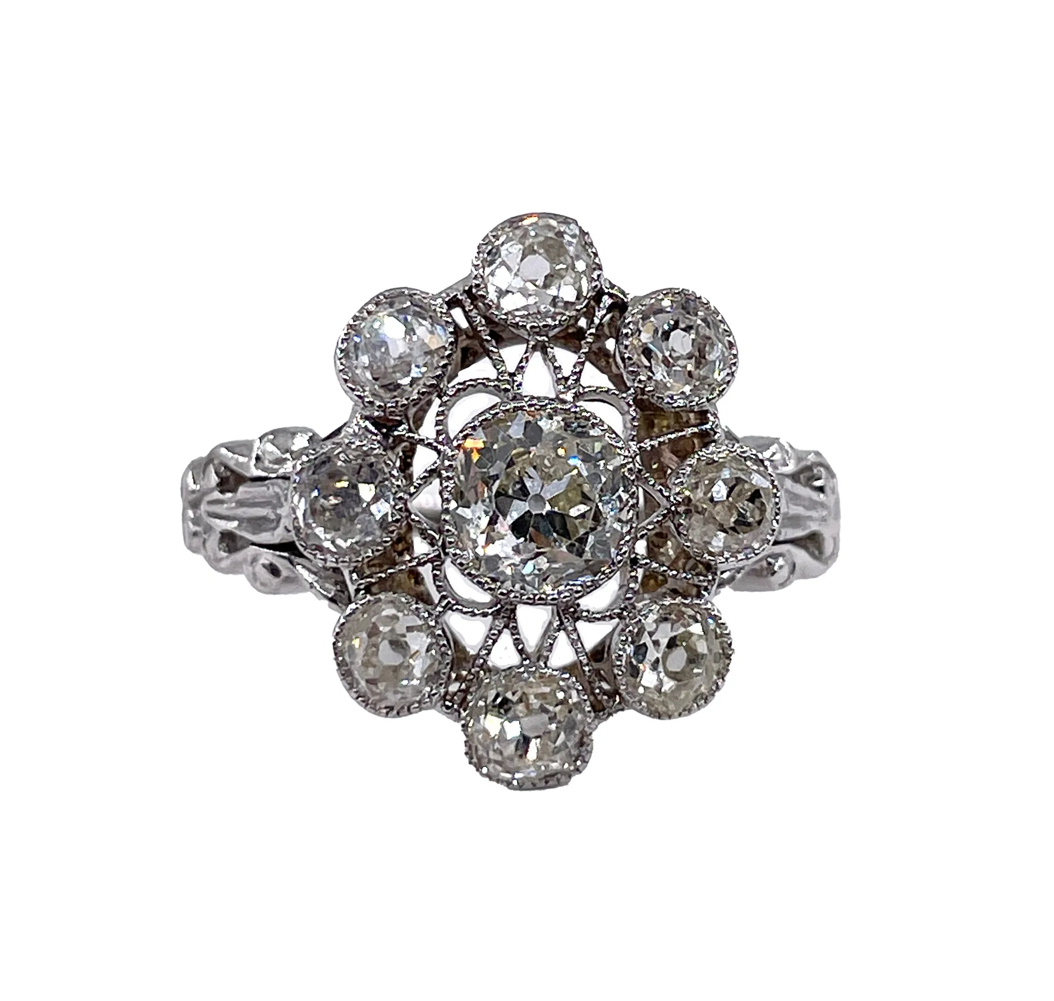 Art Deco 1.65ctw Antique Old European Diamond Cocktail Cluster Platinum Ring, EGL USA