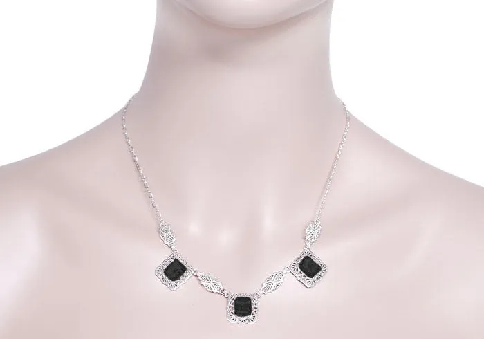 Art Deco Filigree Black Onyx 3 Drop Necklace in Sterling Silver