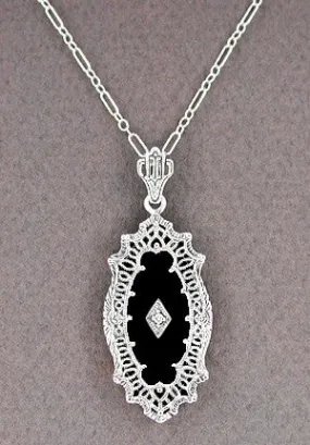 Art Deco Onyx and Diamond Filigree Pendant Necklace in Sterling Silver