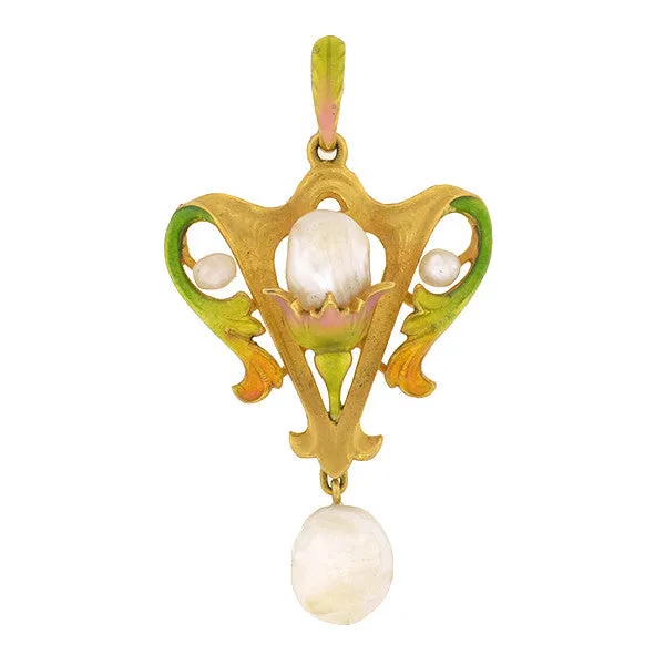 Art Nouveau 14kt Natural Pearl & Enamel Lavalier Pendant