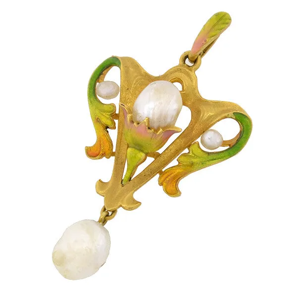 Art Nouveau 14kt Natural Pearl & Enamel Lavalier Pendant