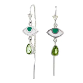 BEJEWELLED EYE PULL THROUGH EARRINGS PERIDOT - SILVER