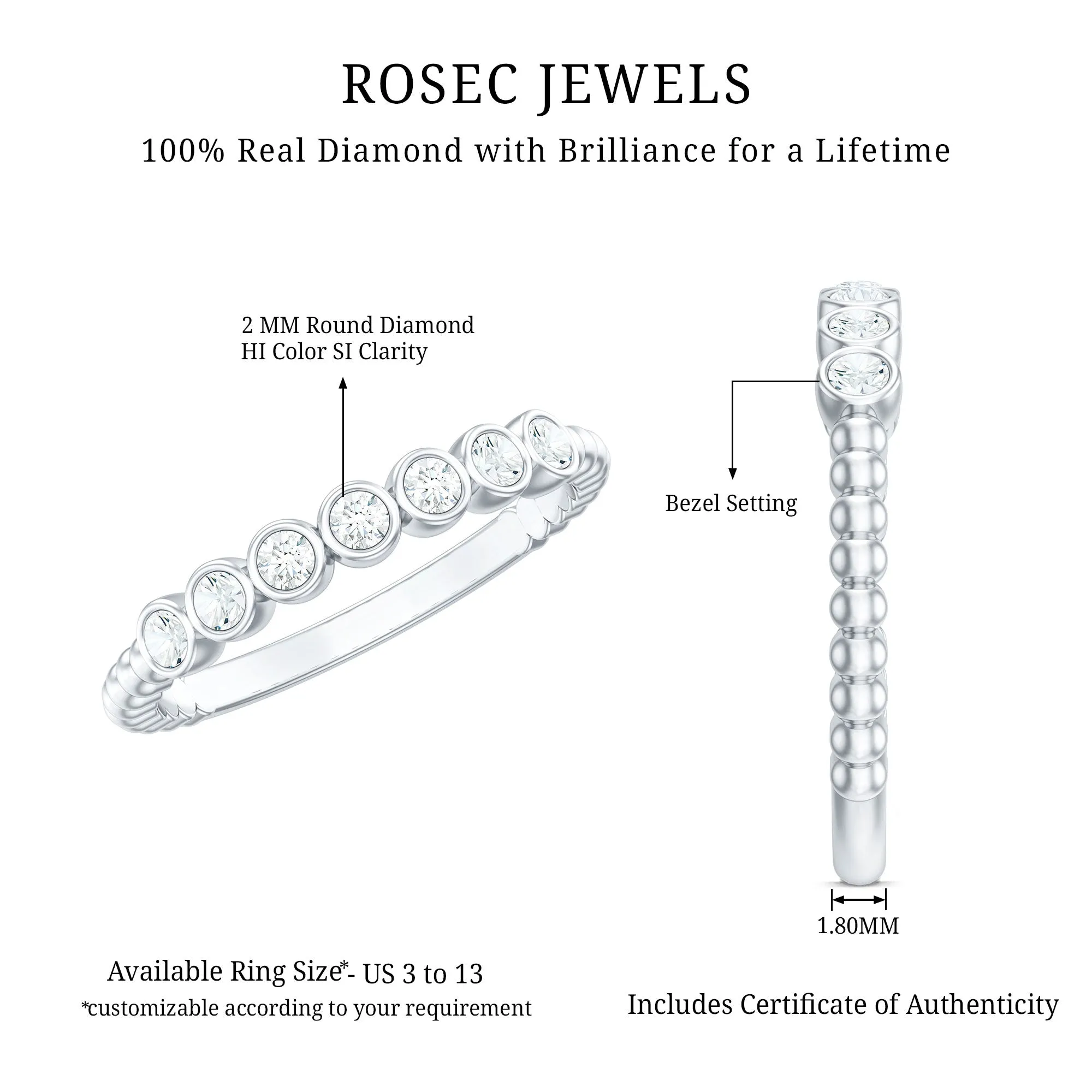 Bezel Set Round Diamond Half Eternity Ring