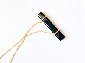 Black Onyx Bar Pendant Gold Necklace 18”