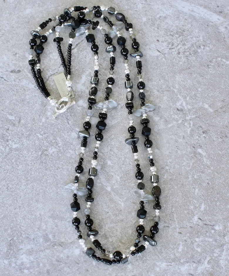 Black Onyx Rounds 2-Strand Necklace with Hematite, Labradorite, Czech Glass, Hypersthene and Sterling Silver