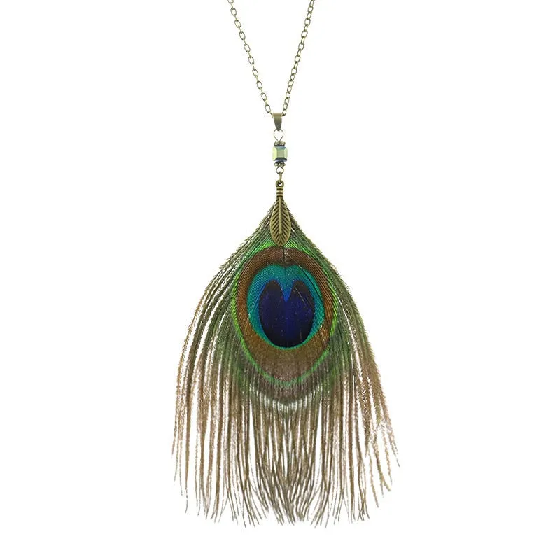 Bohemian Ethnic Long Chain Peacock Feather Pendant