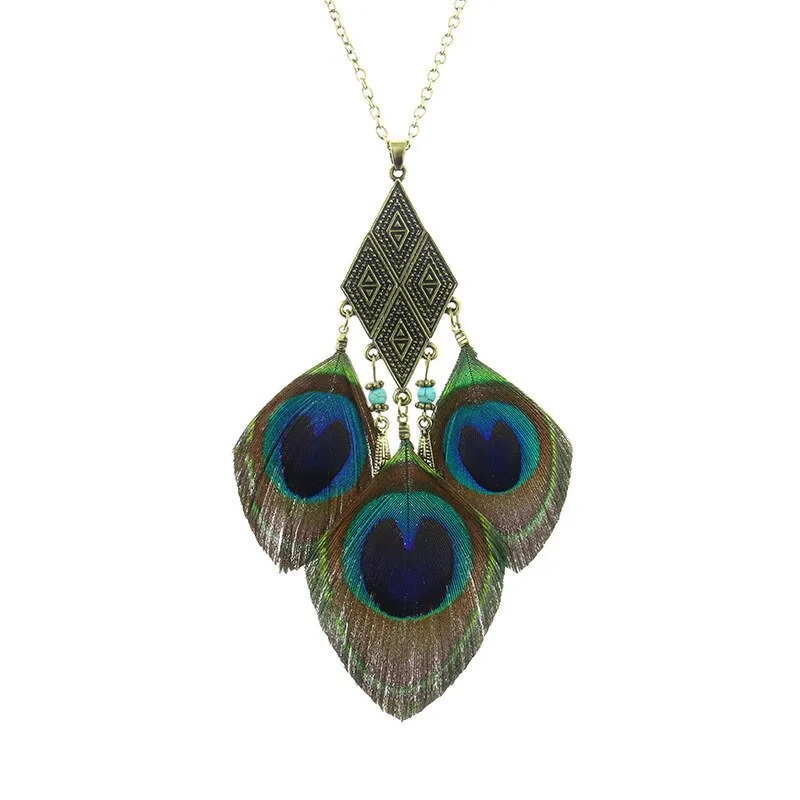 Bohemian Ethnic Long Chain Peacock Feather Pendant